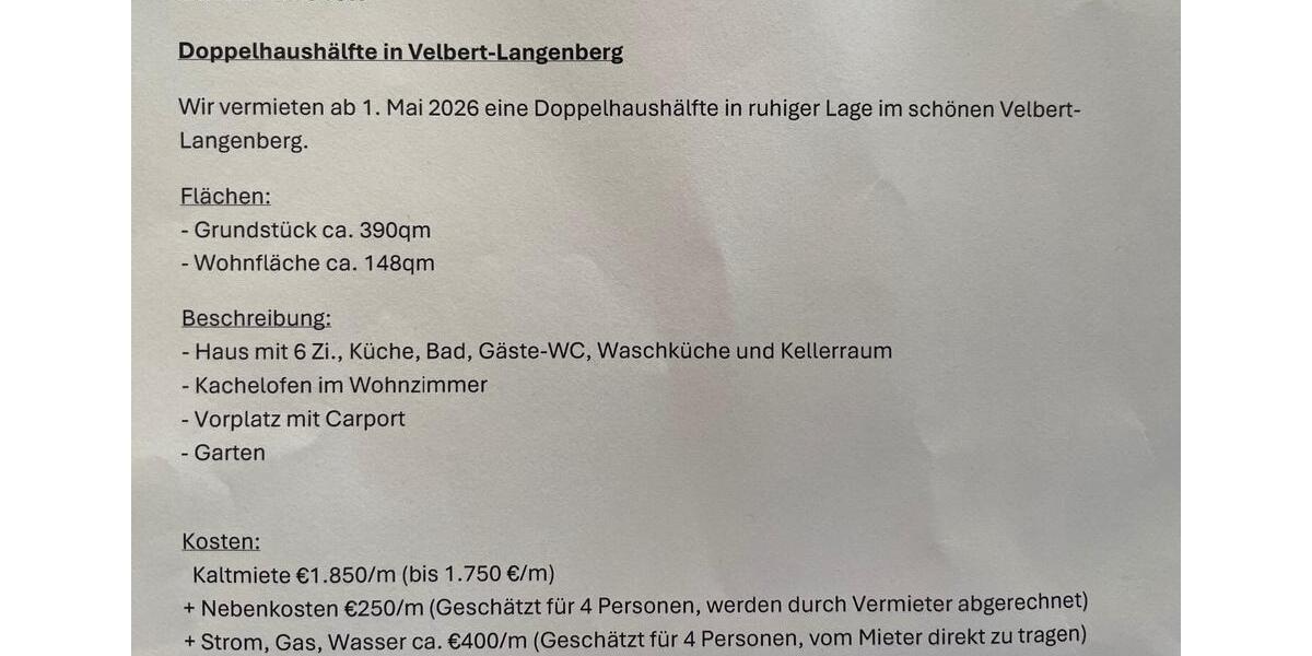 Doppelhaushälfte Velbert Langenberg - 6 Zimmer, 148 m&sup2;, 1.690&euro; | Angebot:25358178