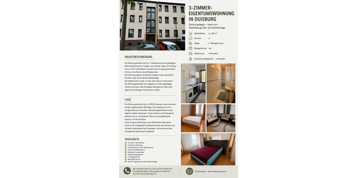 Etagenwohnung Duisburg Duisburg-Mitte - 3 Zimmer, 58 m&sup2;, 99.000&euro; | Angebot:26913210