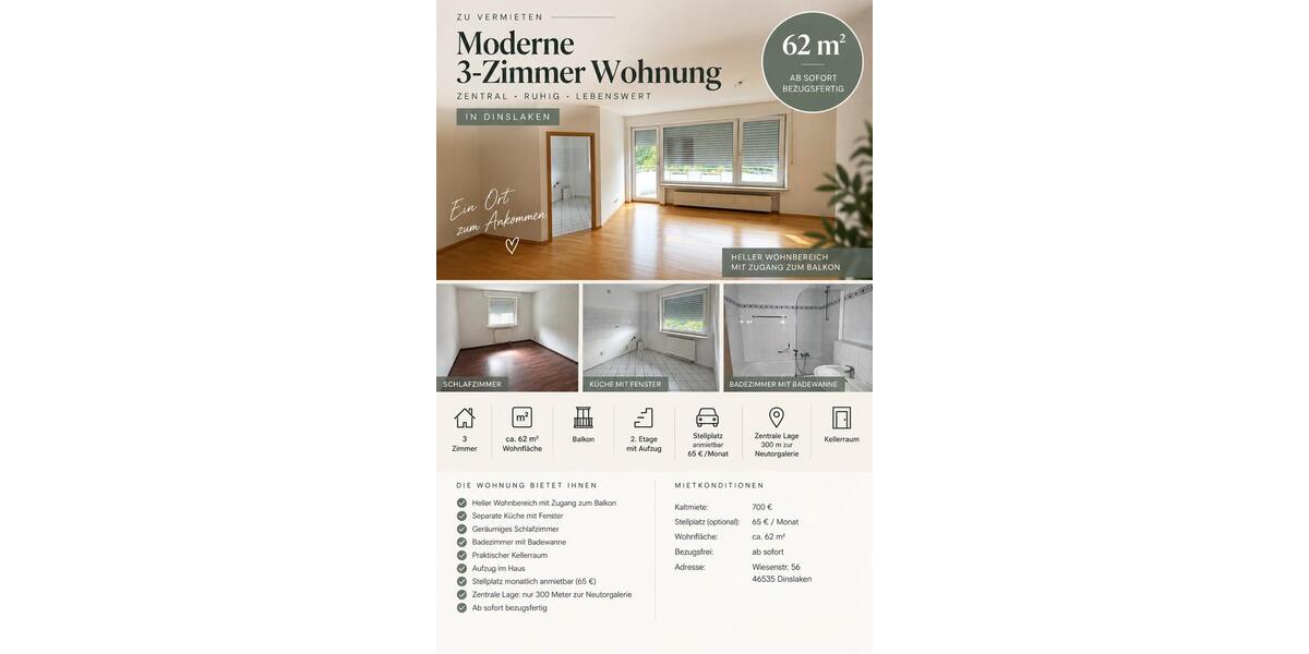 Etagenwohnung Dinslaken - 2 Zimmer, 62 m&sup2;, 850&euro; | Angebot:27592145