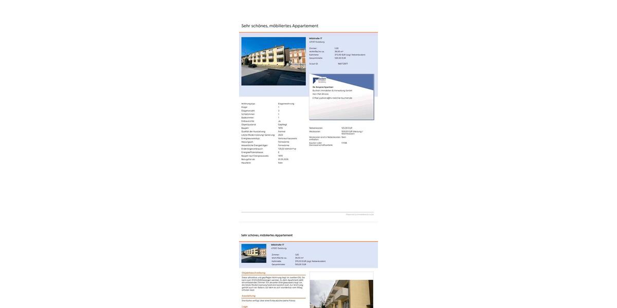 Etagenwohnung Duisburg Duisburg-Mitte - 1 Zimmer, 39 m&sup2;, 595&euro; | Angebot:26300600