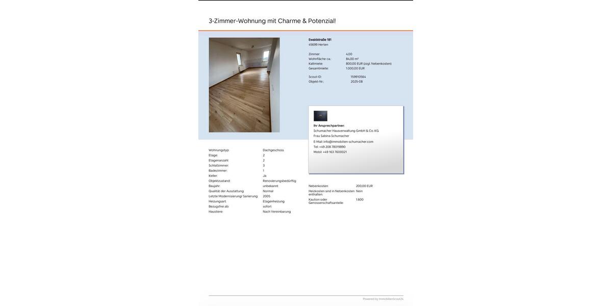 Etagenwohnung Herten - 4 Zimmer, 84 m&sup2;, 1.000&euro; | Angebot:27540254